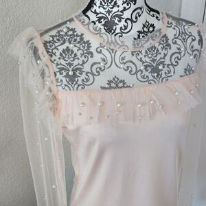 Delicate Blush Pearl-Embellished Blouse